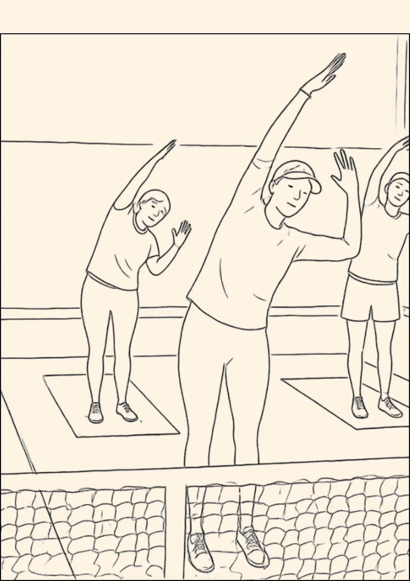 Photo-based illustration of three players doing an overhead side stretch on mats behind a court net