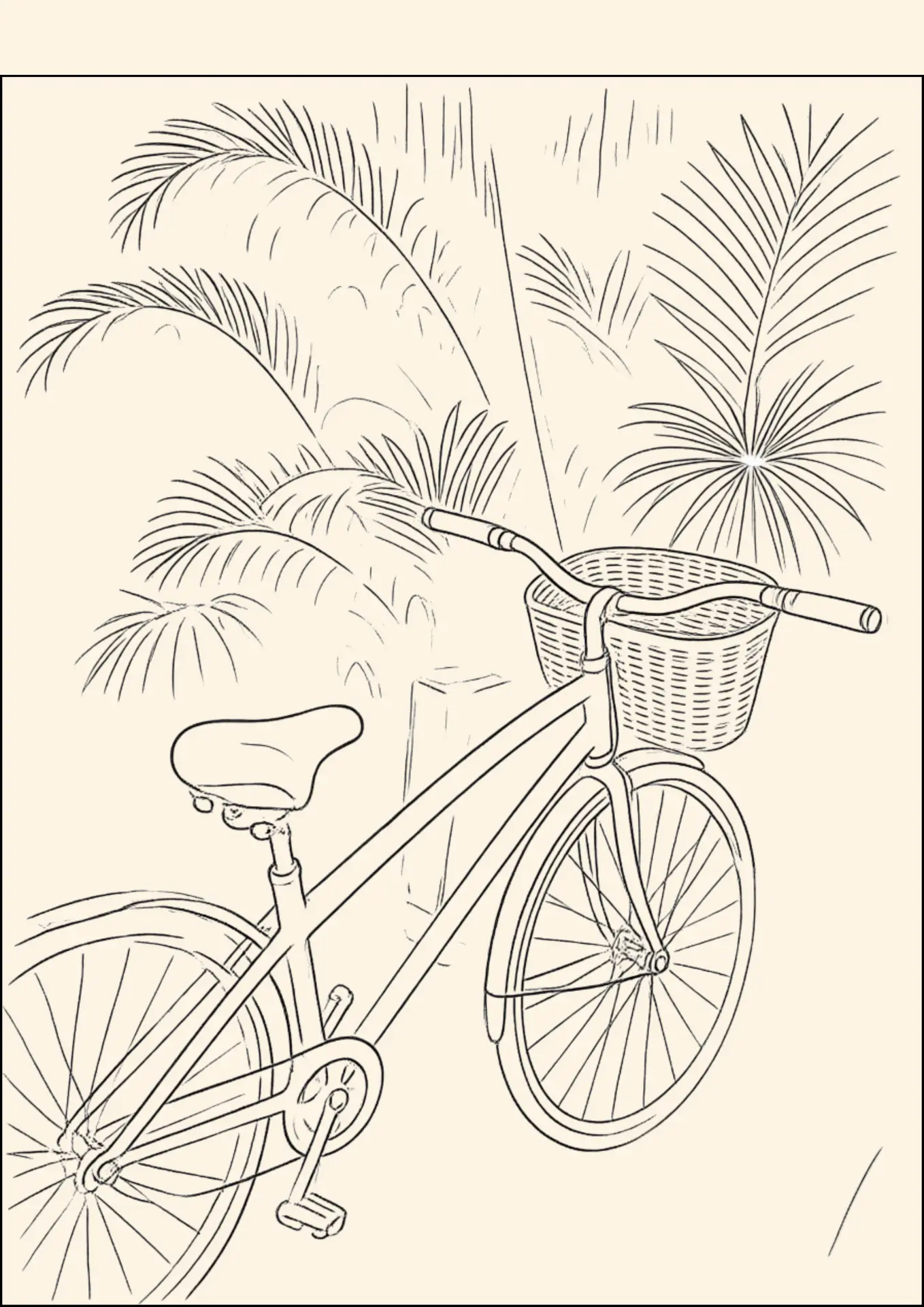 Photo-based illustration of a bicycle with a wicker basket parked among palm fronds