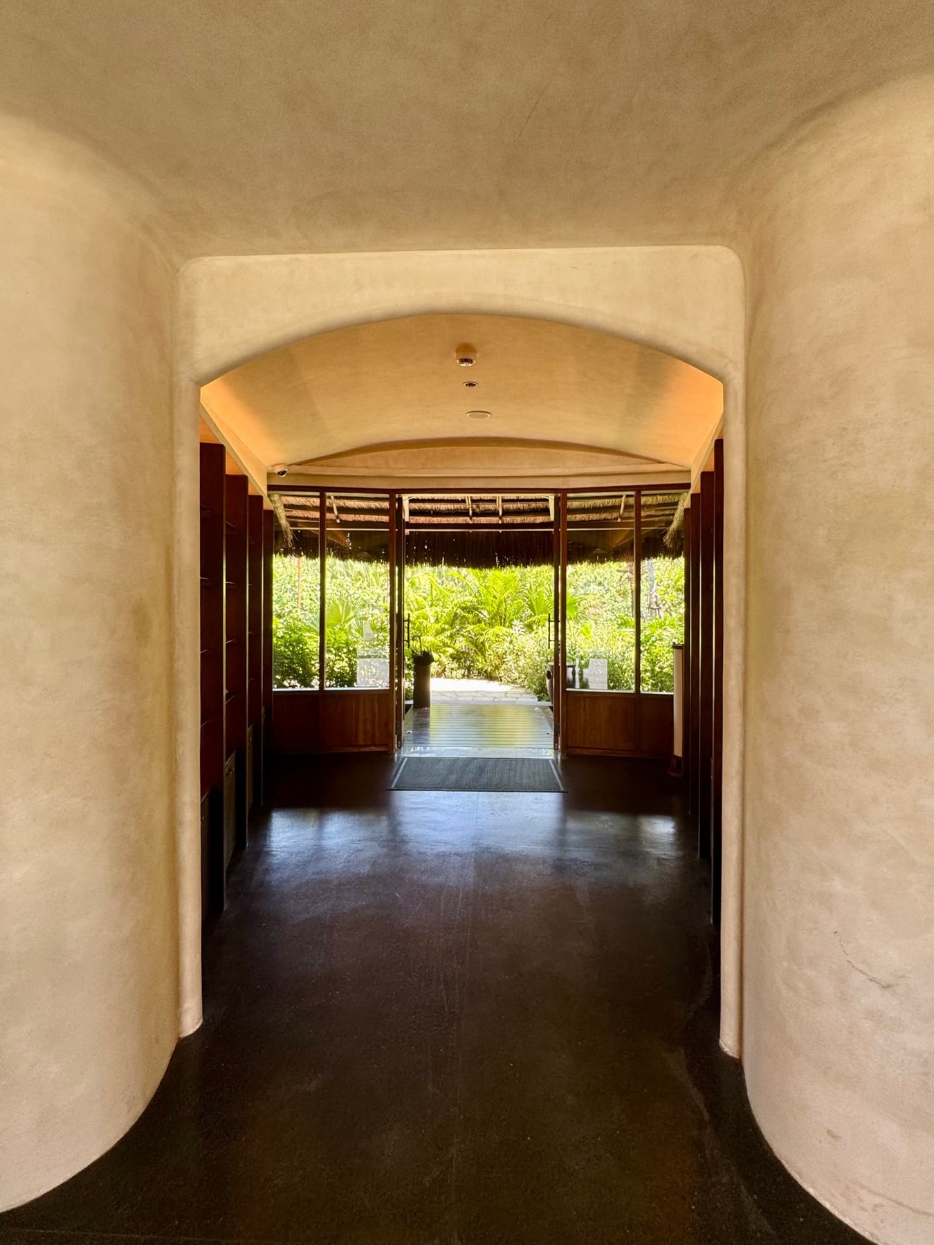A softly curved plaster archway at the hotel opening onto a shaded timber terrace and lush green palms