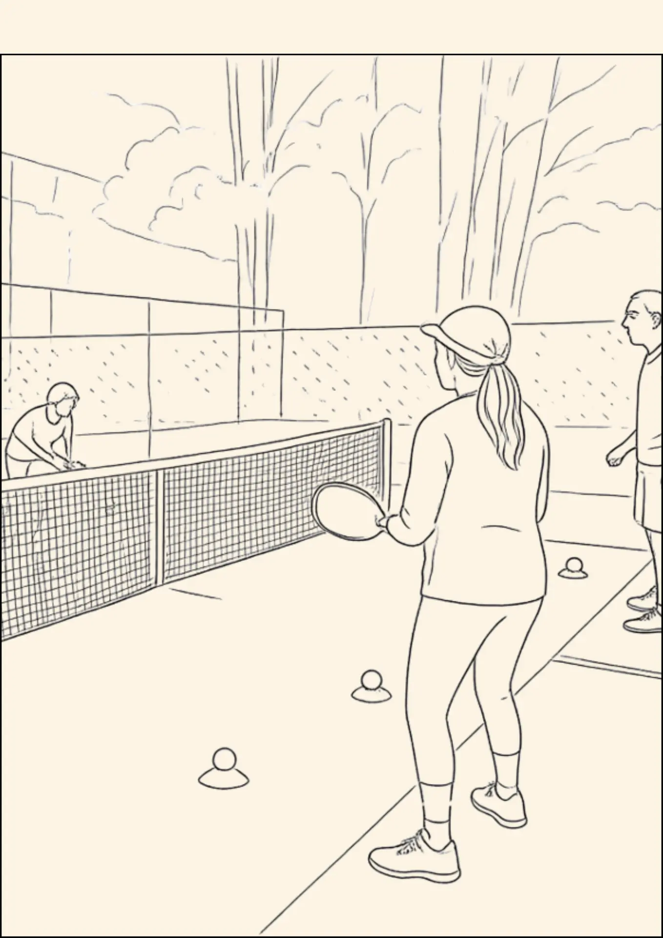 Photo-based illustration of three players in a ready stance during a drill on a pickleball court, with a low net and cone markers on the surface