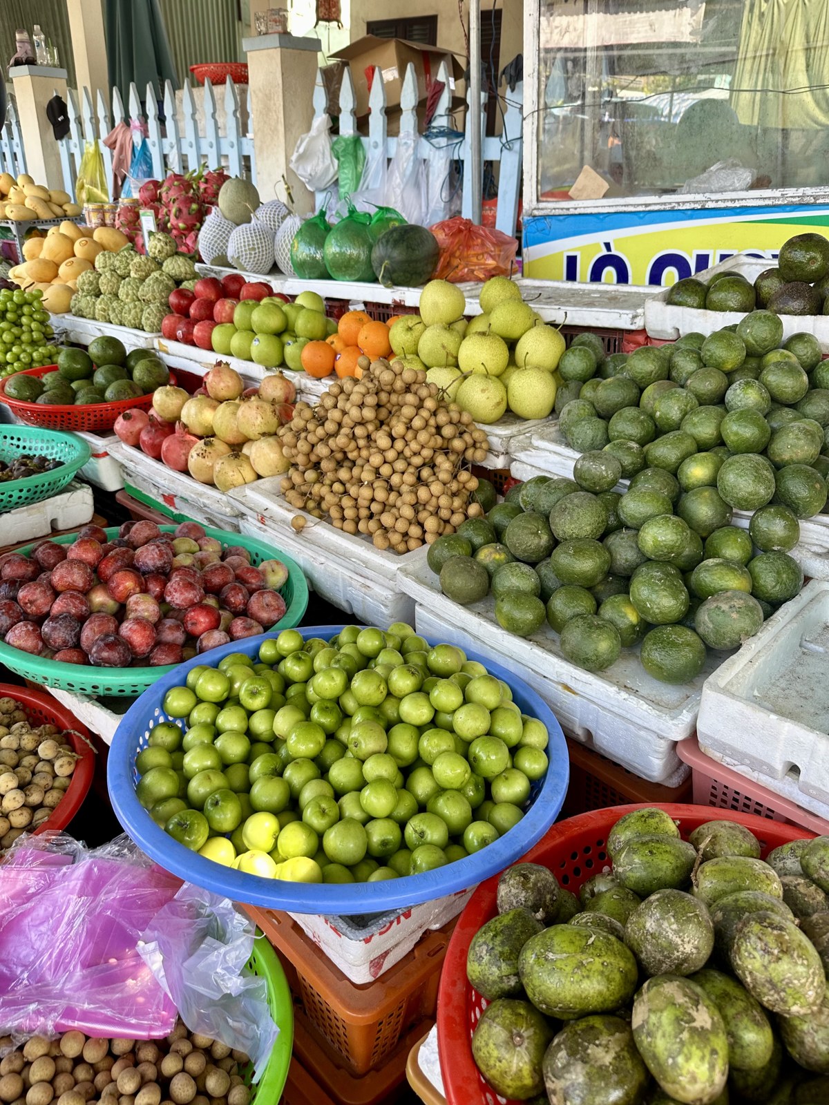 Baskets of limes and tropical fruit at a Hội An market stall