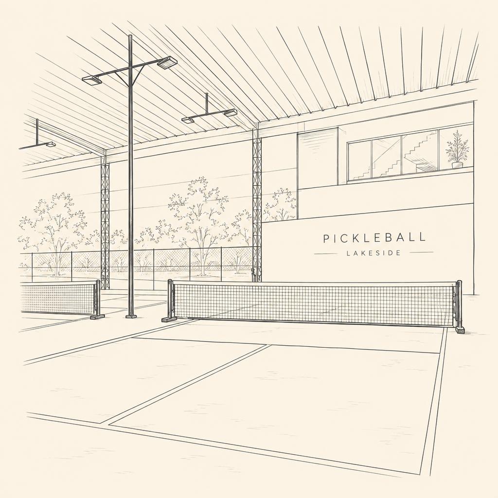 Cream-toned illustration of Pickleball Lakeside, adapted from the two supplied venue images